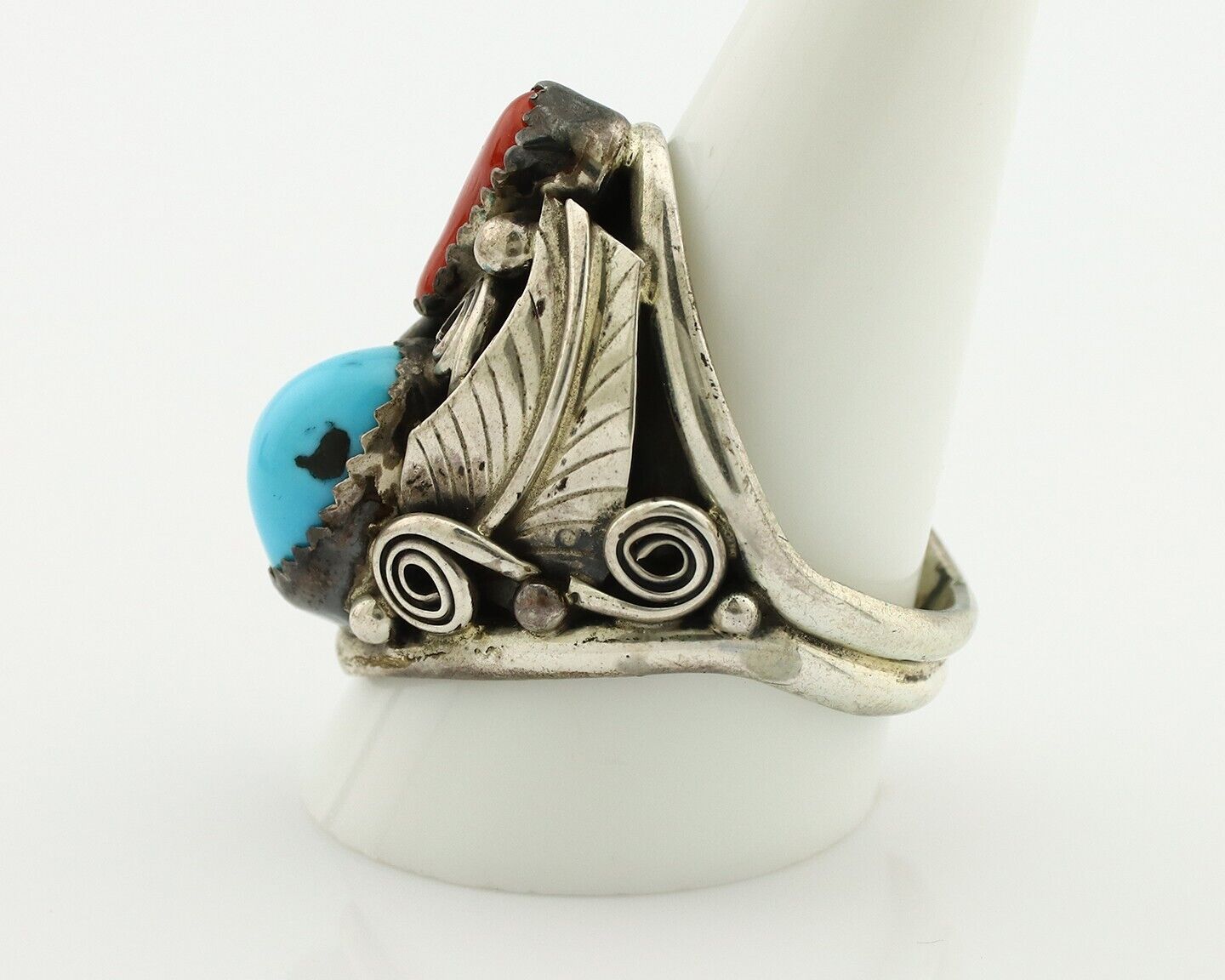 Navajo Ring 925 Silver Blue Turquiose & Coral Artist Signed PR C.80's