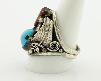 Navajo Ring 925 Silver Blue Turquiose & Coral Artist Signed PR C.80's