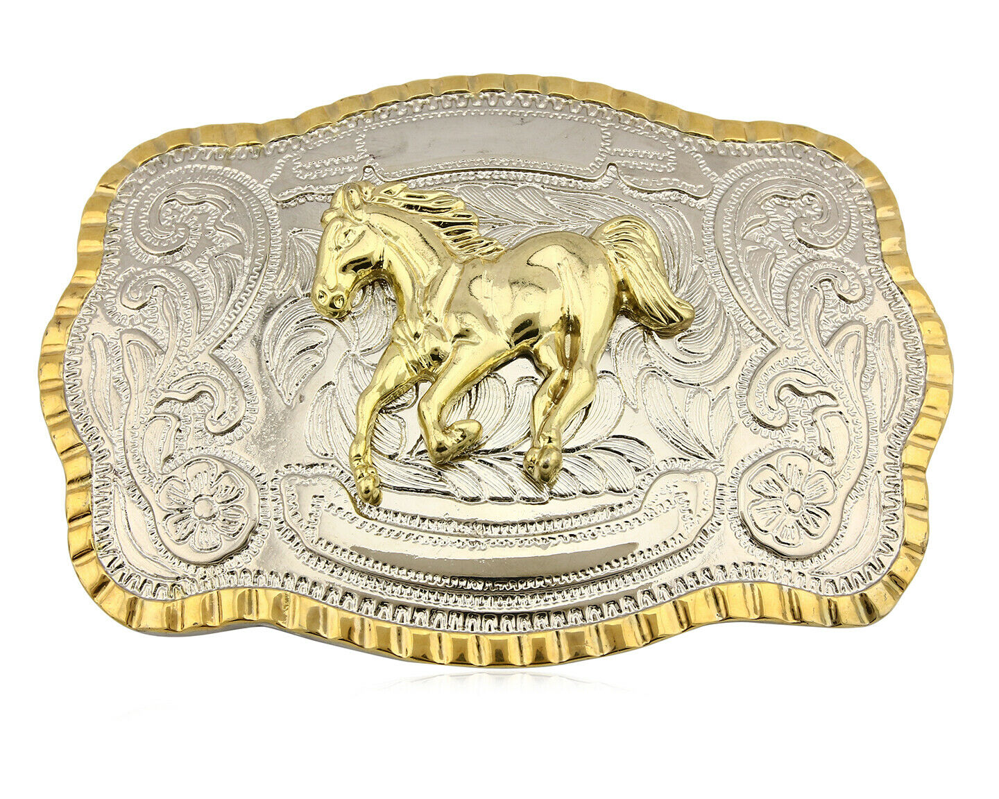 Engravable Large Country Horse Belt Buckle .999 Nickle Silver Gold Trim C.80's