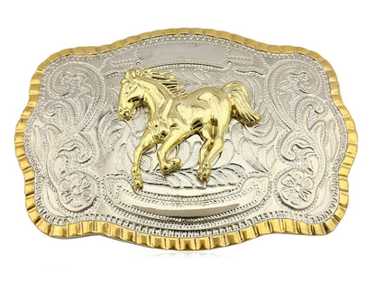 Engravable Large Country Horse Belt Buckle .999 Nickle Silver Gold Trim C.80's