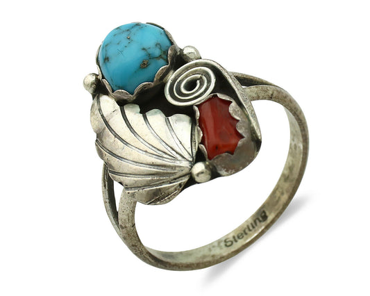 Navajo Ring .925 Silver Turquoise & Coral Native American Artist C.1980's