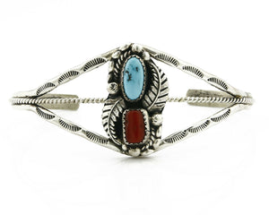 Navajo Bracelet .925 Silver Turquoise & Red Coral Signed SC Cuff Circa 1980s