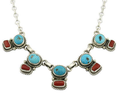 Navajo Necklace .925 Silver Morenci Turquoise & Coral Native Artist C.80's