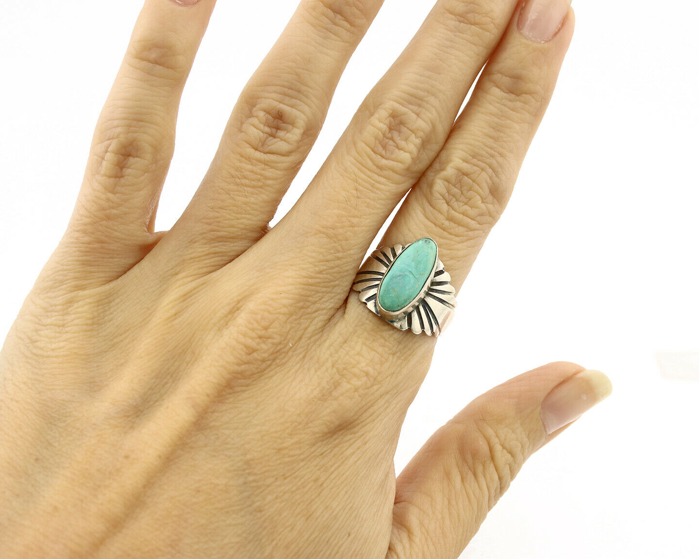 Navajo Ring .925 Silver Kingman Turquoise Artist Signed Apache C.80's