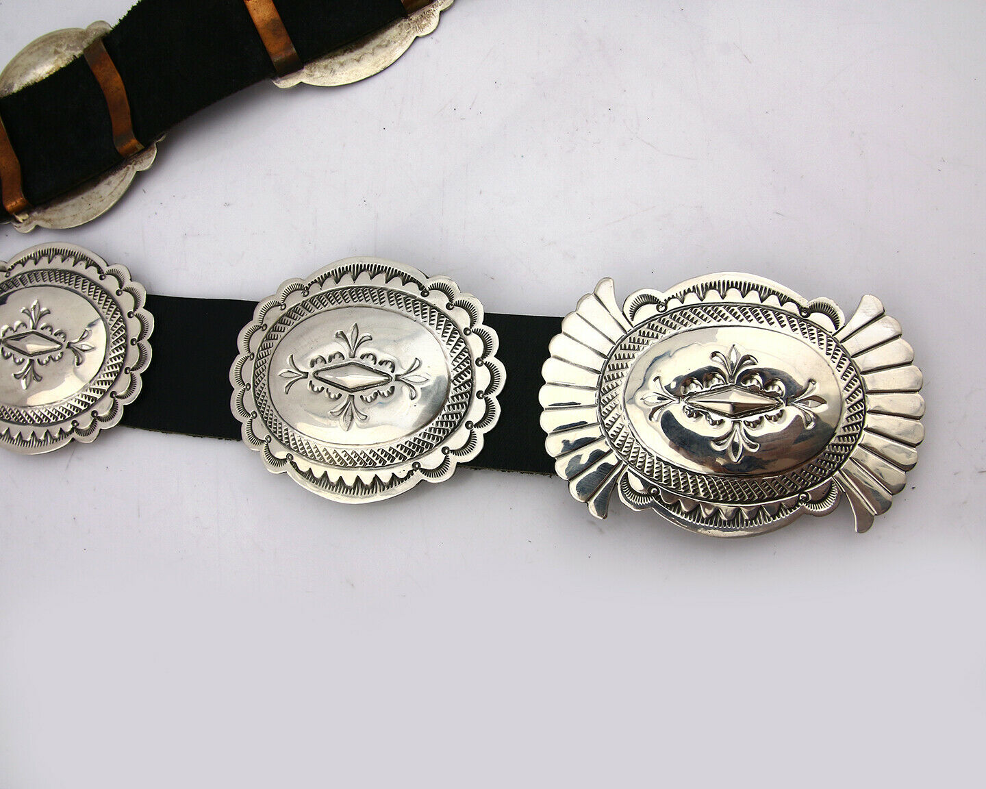 Navajo Concho Belt .925 Silver Hand Stamped Artist J Blackgoat C.80's