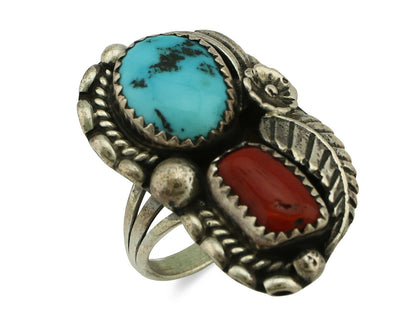 Navajo Ring .925 Silver Turquoise & Coral Artist Thomas Singer C.80's