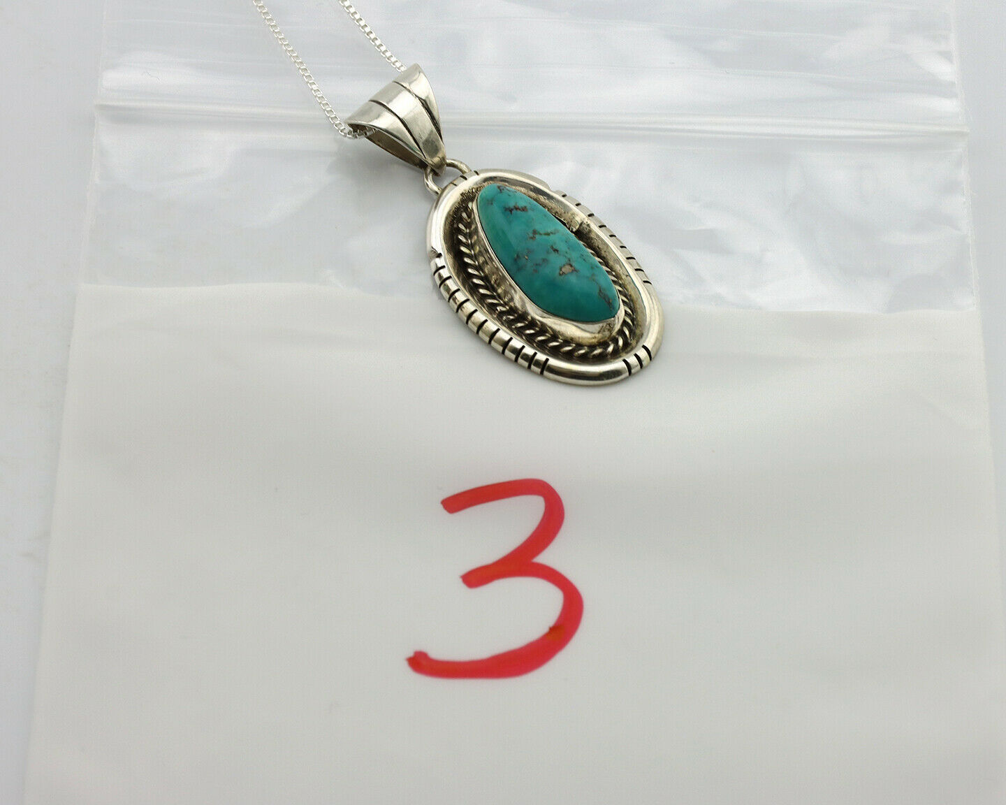 Navajo Necklace .925 Silver Green Turquoise Signed AE C.1980's