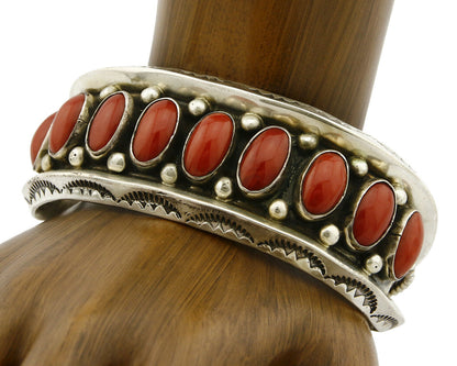 Navajo Bracelet .925 Silver Natural Calibrated Coral Old Pawn Handmade Cuff C80s