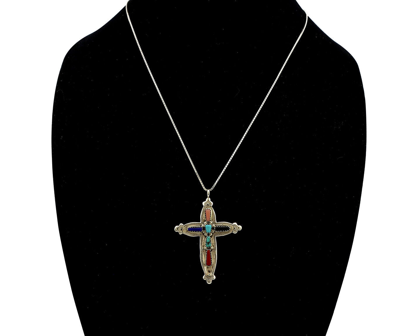 Zuni Handmade Cross Necklace 925 Silver Natural Gemstone Signed E Kaskalla C.80s