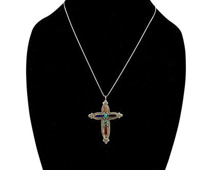 Zuni Handmade Cross Necklace 925 Silver Natural Gemstone Signed E Kaskalla C.80s