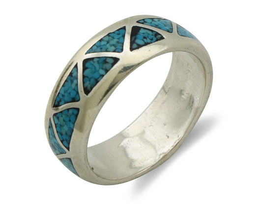 Navajo Chip Inlay Ring 925 Silver Sleeping Beauty Turquoise Artist Silver Cloud