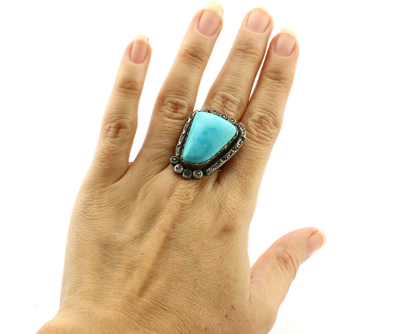 Navajo Ring .925 Silver Blue Turquoise Artist Signed R C.1980's