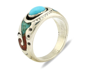 Navajo Handmade Ring 925 Silver Blue Turquoise & Coral Native American C.80's