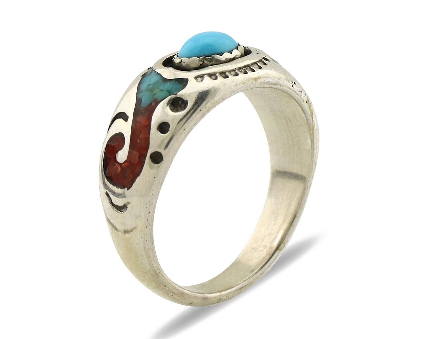 Navajo Inlay Band Ring 925 Silver Turquoise & Coral Native Artist C.80's