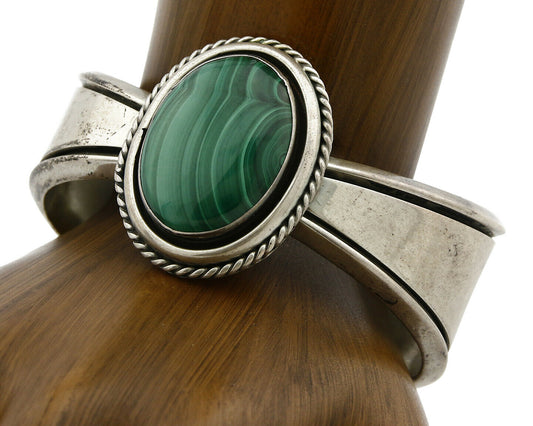 Women's Navajo Bracelet .925 Silver Natural Malachite Cuff Signed ED Circa 1980s