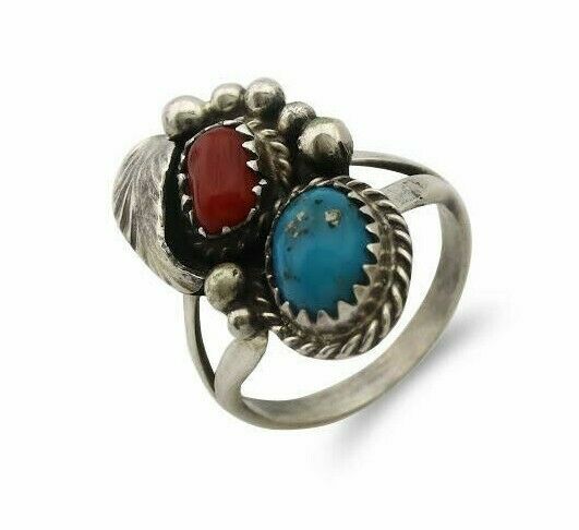 Navajo Ring .925 Silver Morenci Turquoise & Coral Native Artist Signed JM C.80's