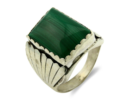 Navajo Ring .925 Silver Natural Malachite Signed Artist DL Native American C.80s