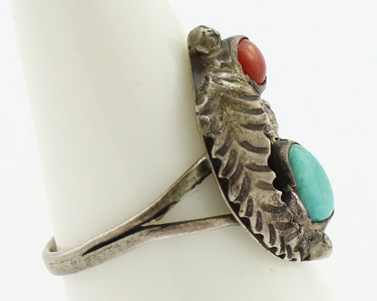 Navajo Handmade Ring 925 Silver Turquiose & Coral Native American Artist C.80's