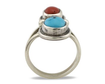 Navajo Inlay Band Ring 925 Silver Turquoise & Coral Native Artist C.80's