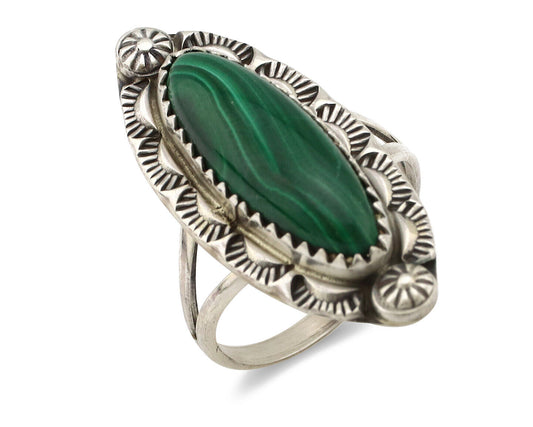 Navajo Ring 925 Silver Natural Malachite Artist Native American Signed H C.80's