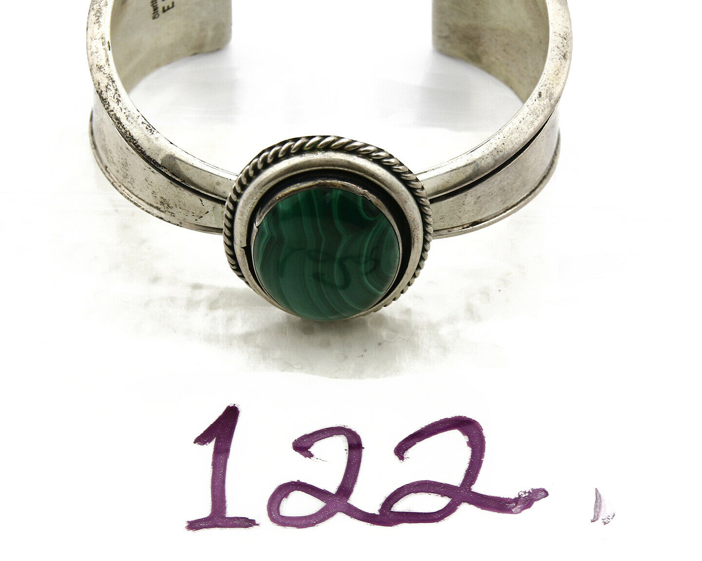 Women's Navajo Bracelet .925 Silver Natural Malachite Cuff Signed ED Circa 1980s