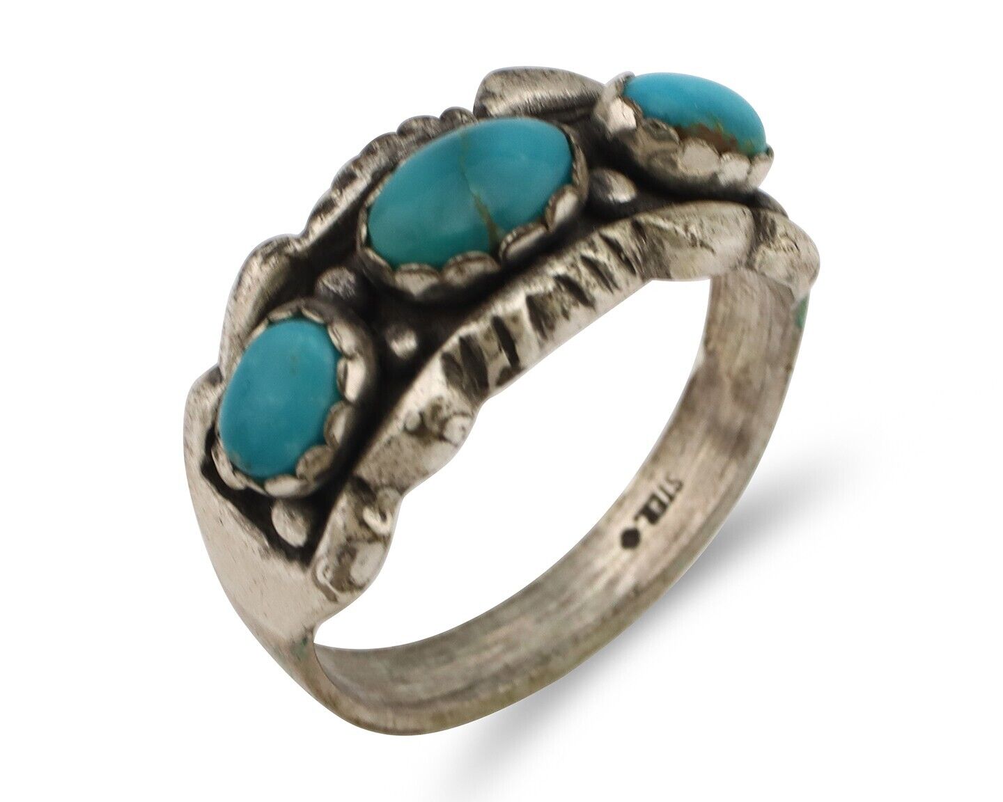 Navajo Ring .925 Silver Natural Blue Turquoise Artist Signed Sun Bell C.80's