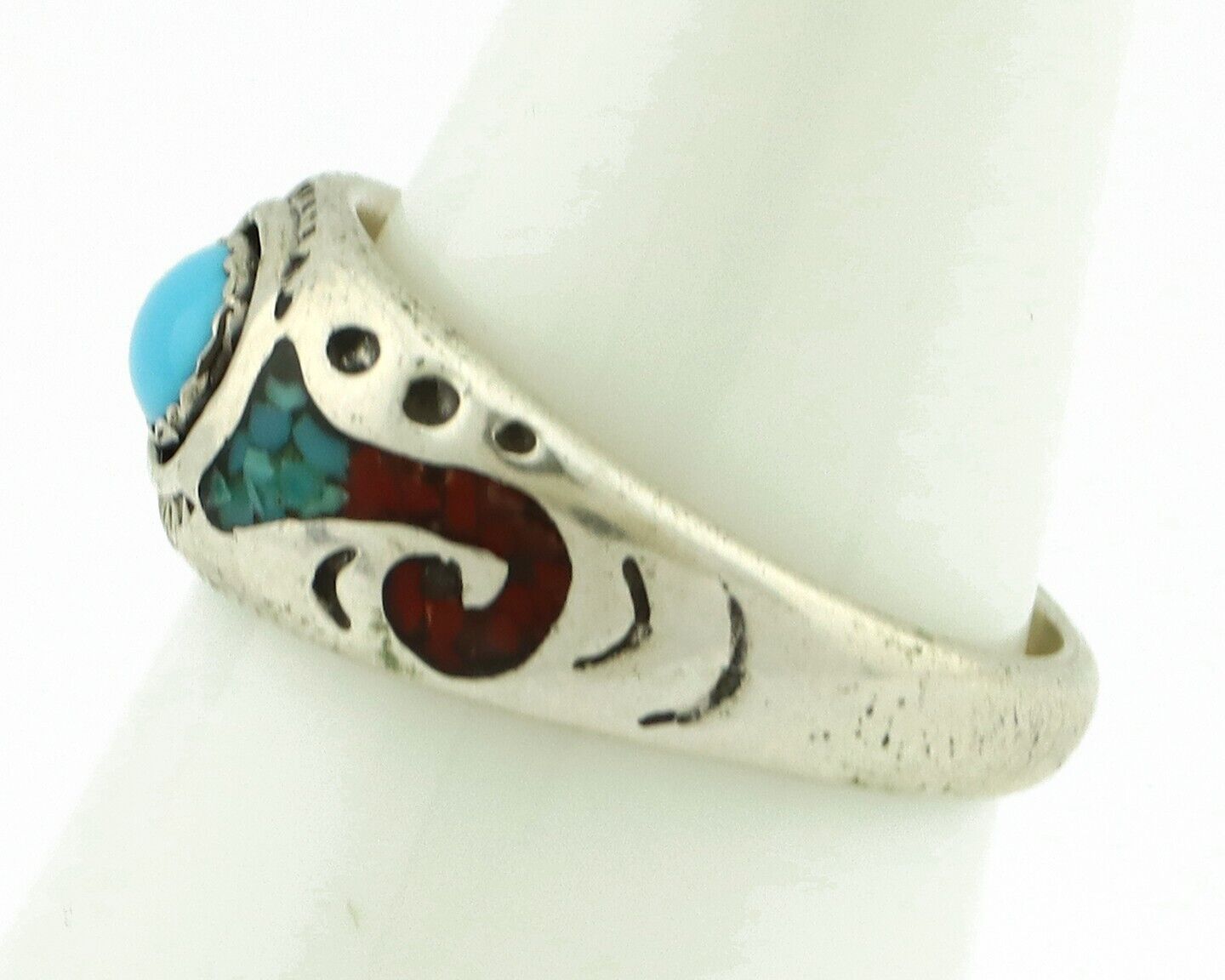 Navajo Handmade Ring 925 Silver Blue Turquoise & Coral Native American C.80's