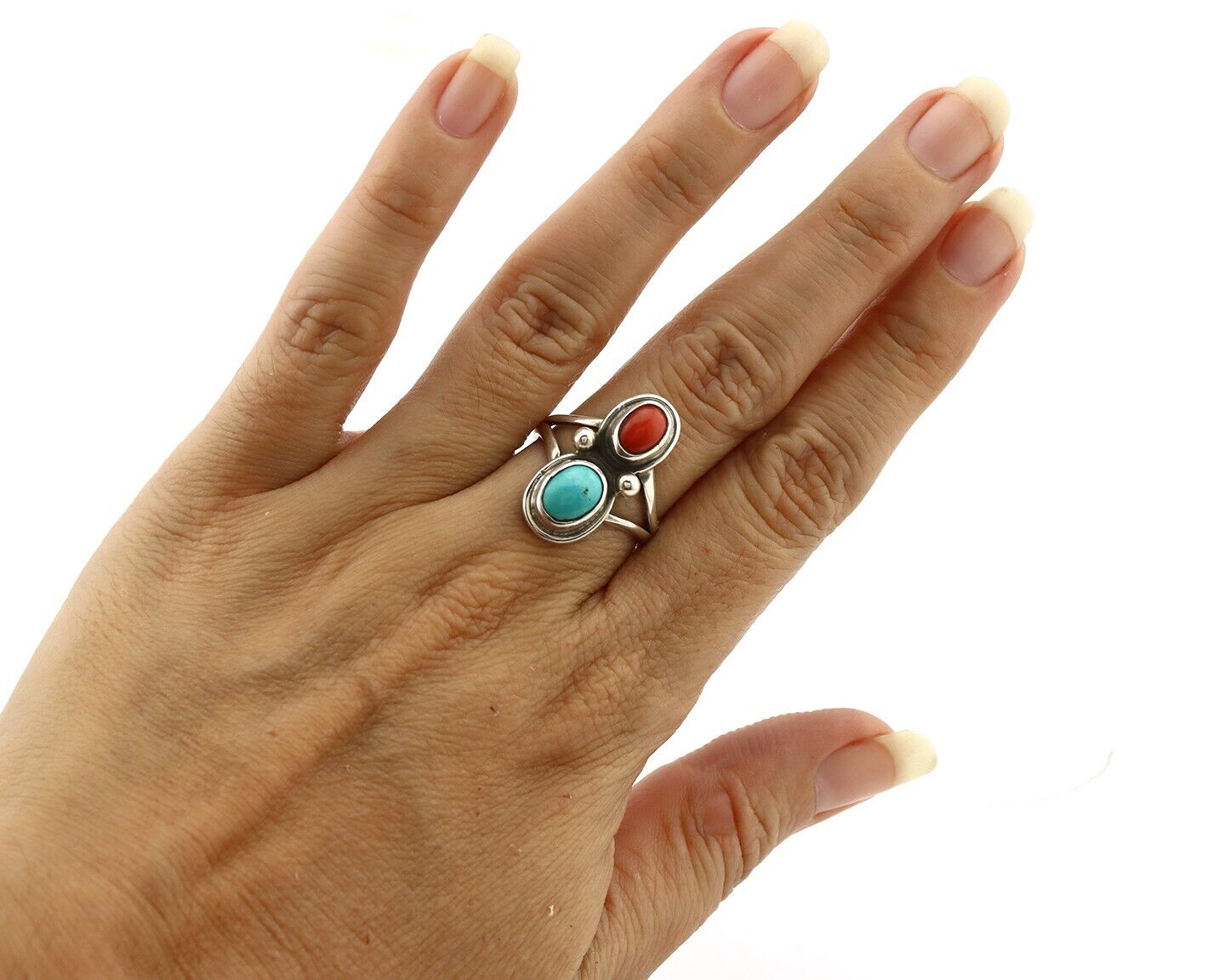 Navajo Handmade Ring 925 Silver Coral & Turquoise Native American Artist C.80's