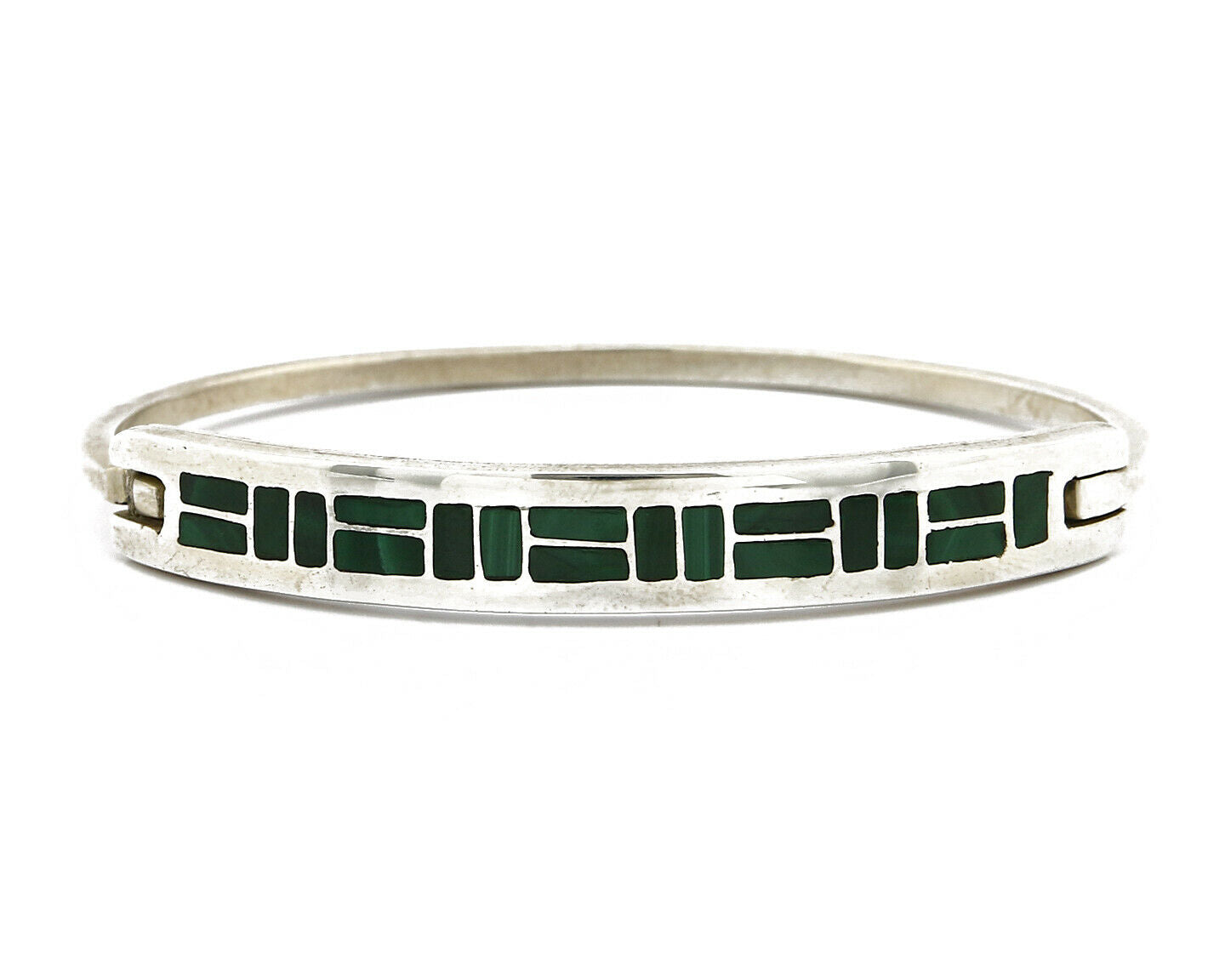 C. 1980's Navajo Signed WH SOLID .925 Silver Malachite Inlaid Cuff