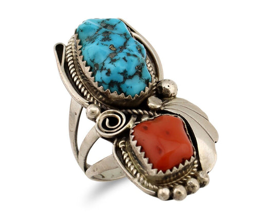Navajo Ring 925 Silver Blue Turquiose & Coral Artist Signed Justin Morris C.80's