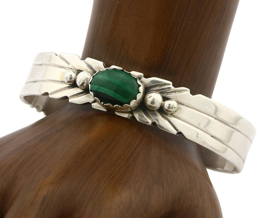 Navajo Bracelet .925 SOLID Silver Malachite Signed N C.80's