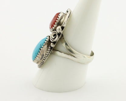 Navajo Ring 925 Silver Blue Turquiose & Coral Artist Signed Justin Morris C.80's