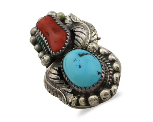 Navajo Ring 925 Silver Blue Turquoise & Coral Signed Stanley Bain C.80's