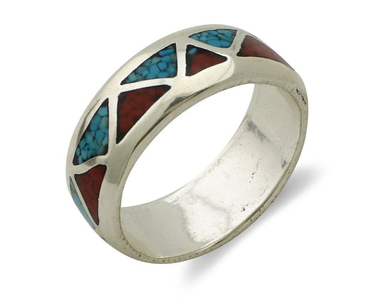 Navajo Chip Inlay Ring 925 Silver Sleeping Beauty Turquoise & Coral Silver Cloud