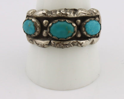 Navajo Ring .925 Silver Natural Blue Turquoise Artist Signed Sun Bell C.80's