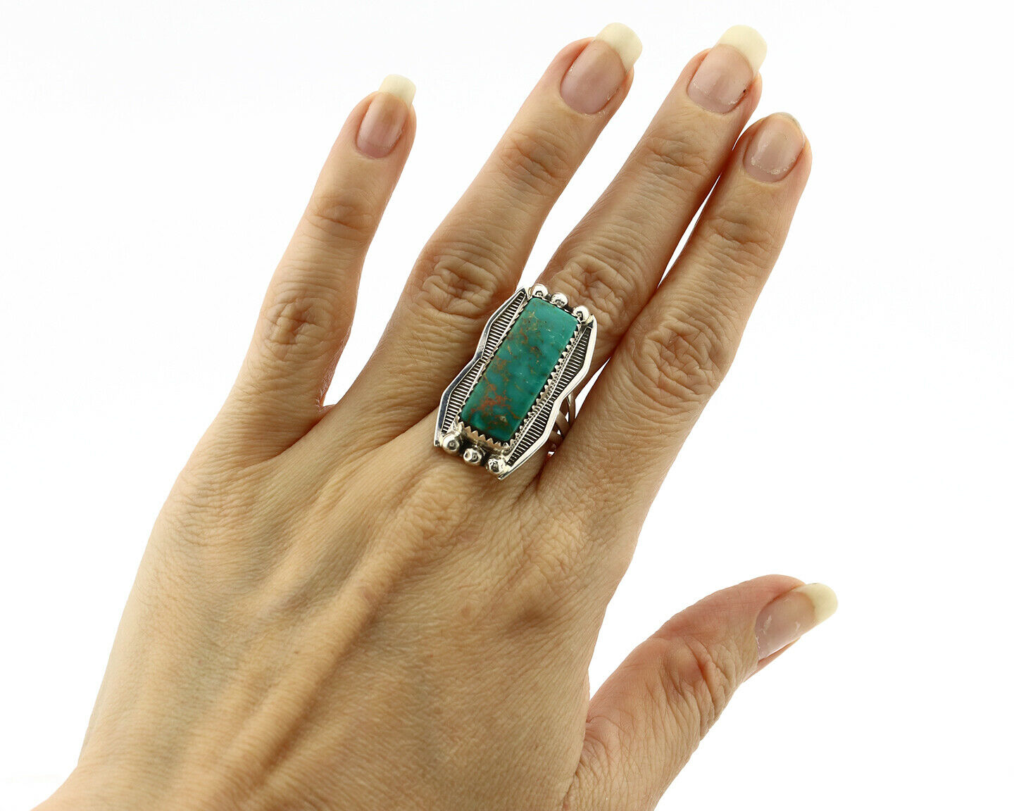 Navajo Ring .925 Silver Natural Aqua Turquoise Signed Apache C.80's