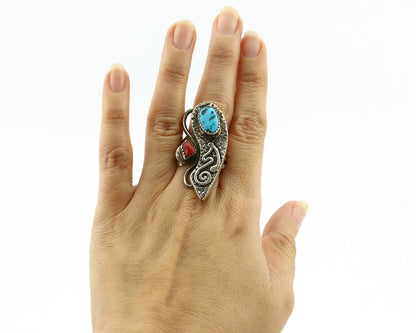 Navajo Ring .925 Silver Turquoise & Coral Native American Artist C.1980's