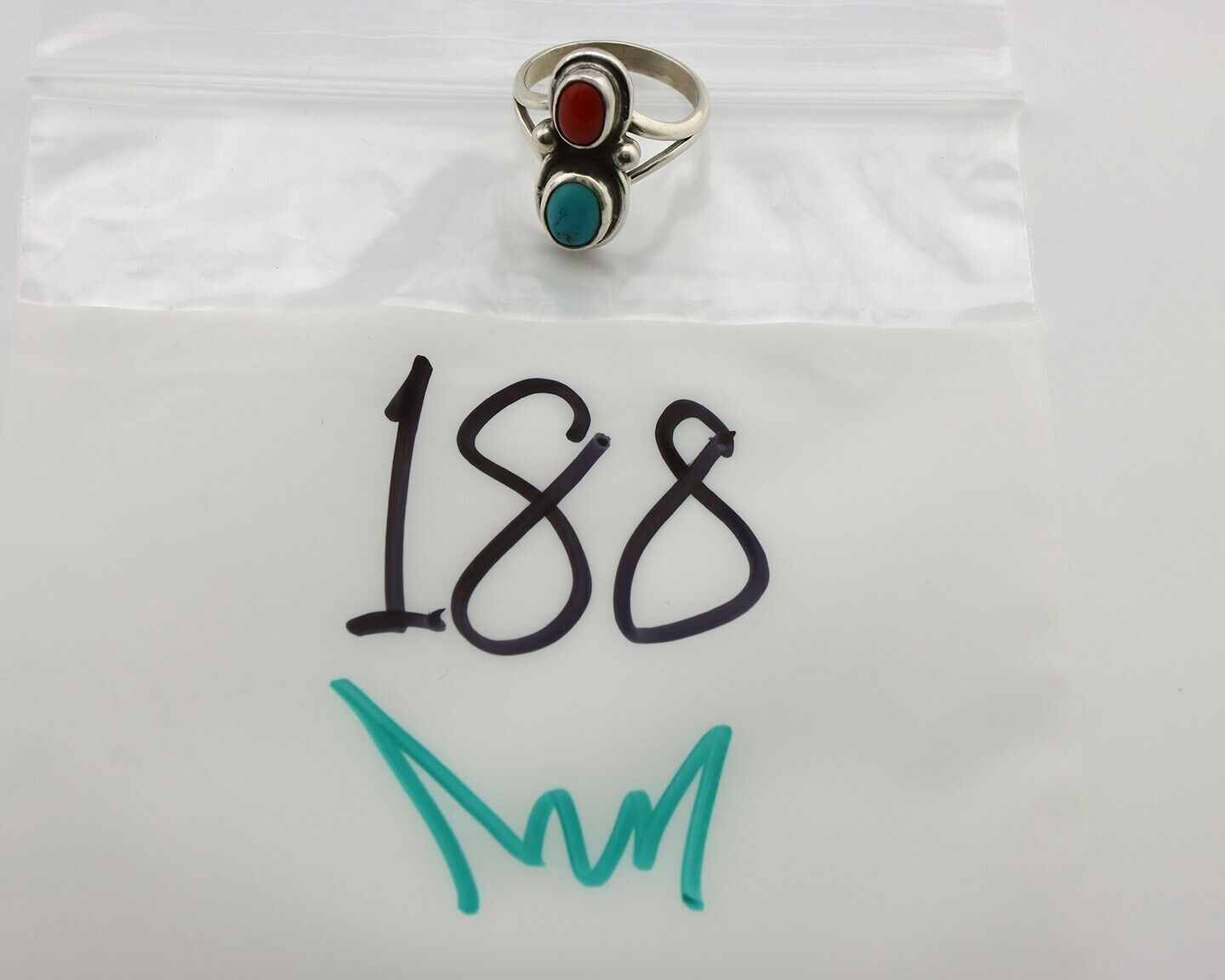 Navajo Handmade Ring 925 Silver Coral & Turquoise Native American Artist C.80's