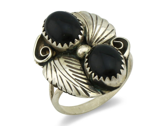 Navajo Ring 925 Silver Natural Mined Onyx Artist Signed T Thomas C.80's