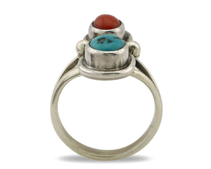 Navajo Handmade Ring 925 Silver Coral & Turquoise Native American Artist C.80's