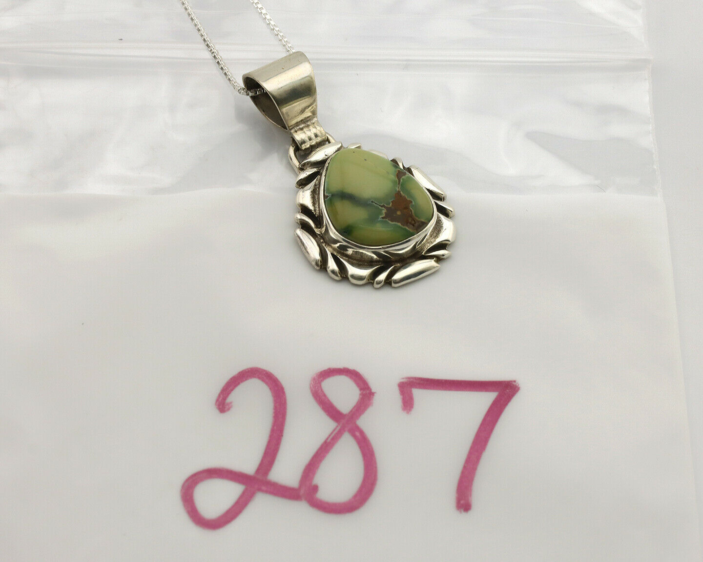 Navajo Necklace .925 Silver Damele Variscite Signed Sun C.1980's