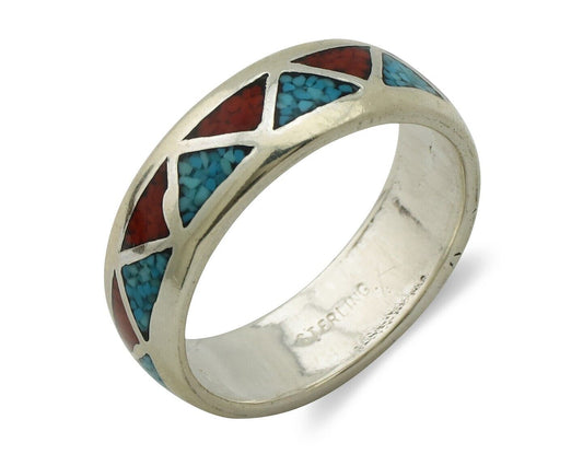 Navajo Chip Inlay Ring 925 Silver Sleeping Beauty Turquoise & Coral Silver Cloud