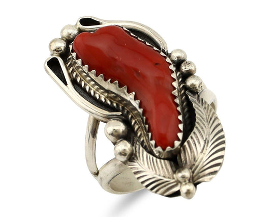 Navajo Handmade Ring 925 Silver Natural Coral Artist Signed Justin Morris C.80's