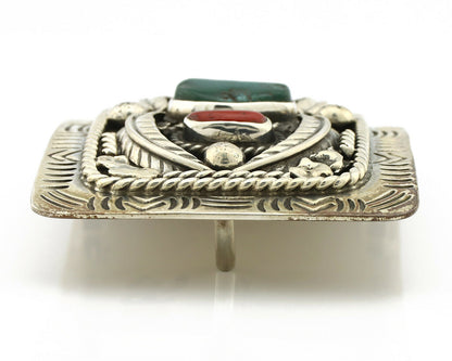 Navajo Belt Buckle .925 Silver Green Turquoise Coral Signed Teepee C.80's