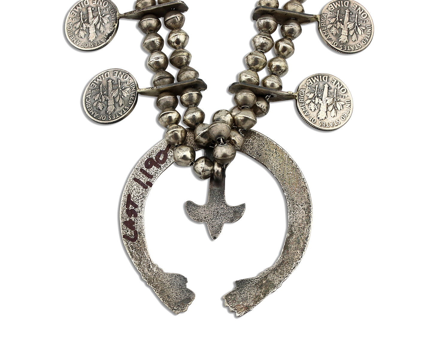 Navajo Roosevelt Dime Squash Necklace 925 Silver Native American Artist C.80's