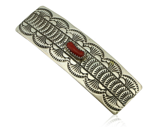 Women's Navajo Hair Clip .925 Silver Inlaid Red Coral Artist Signed WB C.80's