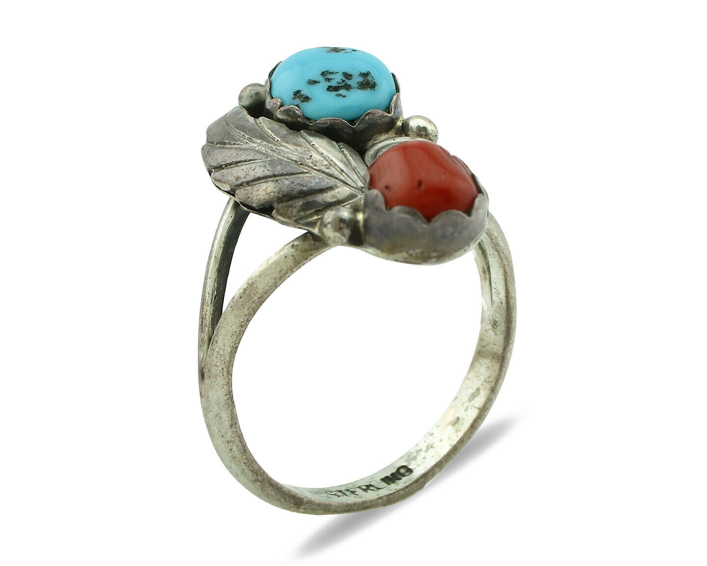 Navajo Ring .925 Silver Turquoise & Coral Native American Artist C.80's