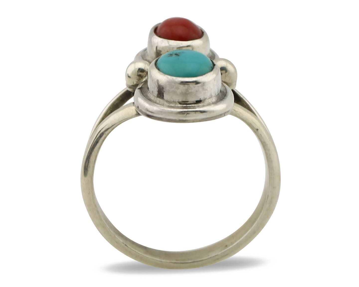 Navajo Handmade Ring 925 Silver Coral & Turquoise Native American Artist C.80's