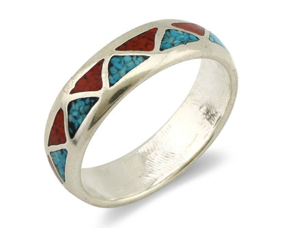 Navajo Chip Inlay Ring 925 Silver Sleeping Beauty Turquoise & Coral Silver Cloud