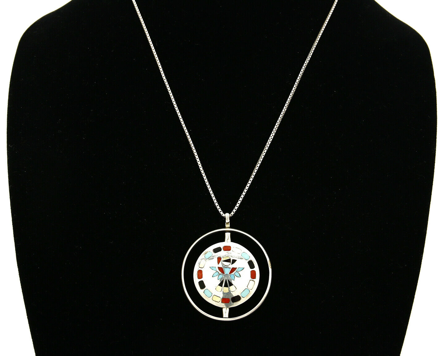 Women's Navajo Spinner Pendant .925 Silver & Inlaid Gemstone Necklace